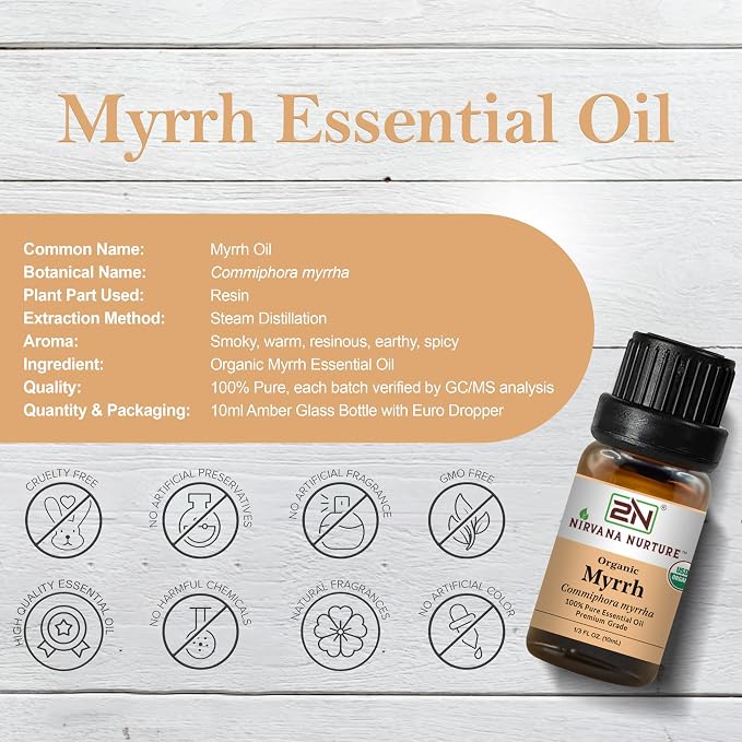 Myrrh Essential Oil, USDA Certified Organic, 100% Pure Undiluted, Aromatherapy Oil for Diffuser, Hair & Skin Care