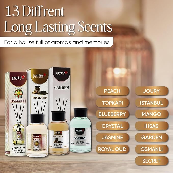 Jasmine Turkish Reed Diffuser (Secret) Set 3.72 Fl. Oz (110ml), with 4 Reed Sticks. for Your Office, Bedroom, Bathroom, Kitchen. Elegant Fragrance for Your Entire Home.