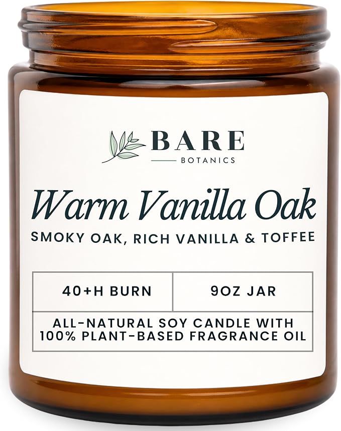 Bare Botanics Non-Toxic Warm Vanilla Oak 9oz Soy Candle - 100% Plant-Based Fragrance Oils - Handpoured in WI - 40+ Hrs