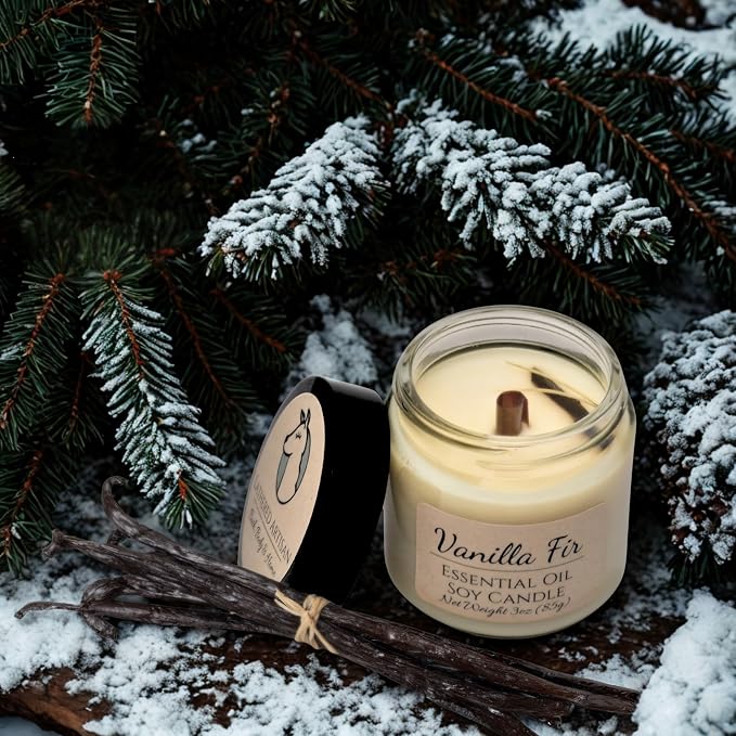 Vanilla Fir Scented Essential Oil Candle 3 oz, Hand Crafted Pure Soy Wax Candle with Wooden Wick, Dried Flowers, 23 Hour Burn Time, Natural Aromatherapy Glass Jar Candle with Lid by Lathered Artisan