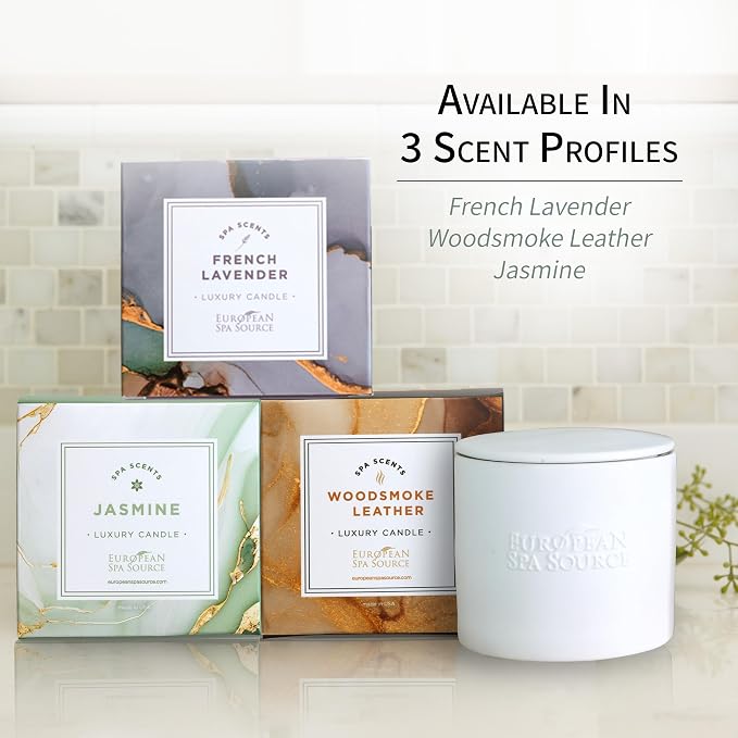 European Spa Source Jasmine Luxury Candle for Aromatherapy, Soy Wax Candle, Hand Poured, At Home Spa Experience Promoting Relaxation, 45 Hours of Burn Time