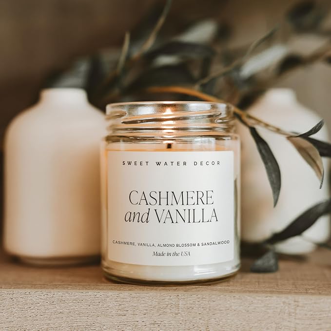 Sweet Water Decor Cashmere and Vanilla Soy Candle - Jasmine, Soft Cashmere, Sandalwood, Vanilla Scented Spring Candle for Home - 9oz Clear Jar with Lid, 40+ Hour Burn Time, Made in The USA