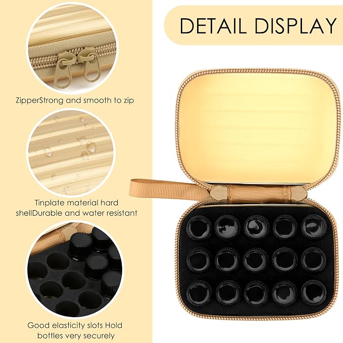 2Pcs Mini Essential Oil Bottle Case with 30 Empty 2ml Vials, Travel Storage Organizer Box for Essential Oils, Compact Aromatherapy Holder for Home, Travel & Outdoor Use (15 Slots, Gold)