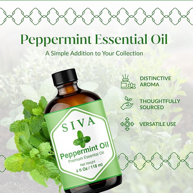 Siva Peppermint Essential Oil 4 Fl Oz – for Diffuser, Skin & Hair Care – Ideal for Aroma, Massage & DIY Blends- with Dropper