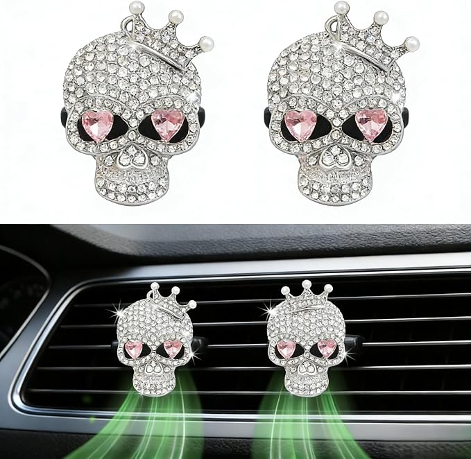 Skull Car Air Freshener Vent Clips Gothic Car Accessories with 2 Scent Pads Goth Car Accessories for Interior Decor Custom Car Air Freshener Style Customized Air Freshener for Cars Gift-A9