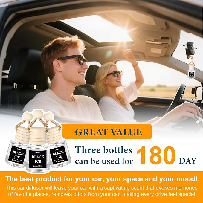 Hanging Car Air Freshener (Pack of 3) : Luxury Car Perfume for Women Men | Cute & Reusable Bottle with 45+ Days Long-Lasting Fragrance Oil Diffuser, Black ice