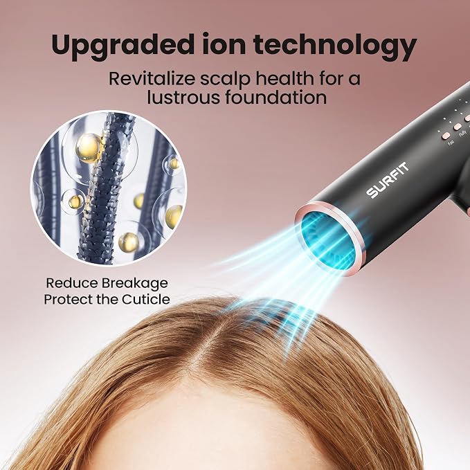 Hair Dryer with Diffuser, Surfit Blow Dryer, Foldable Travel Hairdryer, 110,000 RPM Professional Ionic Hair Dryer for All Hair Types, 1 Min Fast Drying, Precision Styling, No Heat Damage