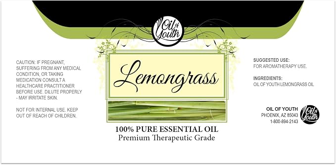 Oil of Youth Therapeutic Grade Lemongrass Essential Oil 4 fl oz with Dropper for Diffuser, Hair, Skin, and Aromatherapy