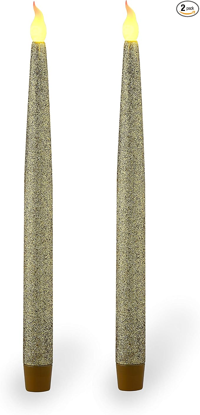 FURORA LIGHTING Flameless Gold Glitter Taper Candles, Amber Flicker, 6/18 Timer, Battery Operated — Ideal for Home décor and Holiday displays.