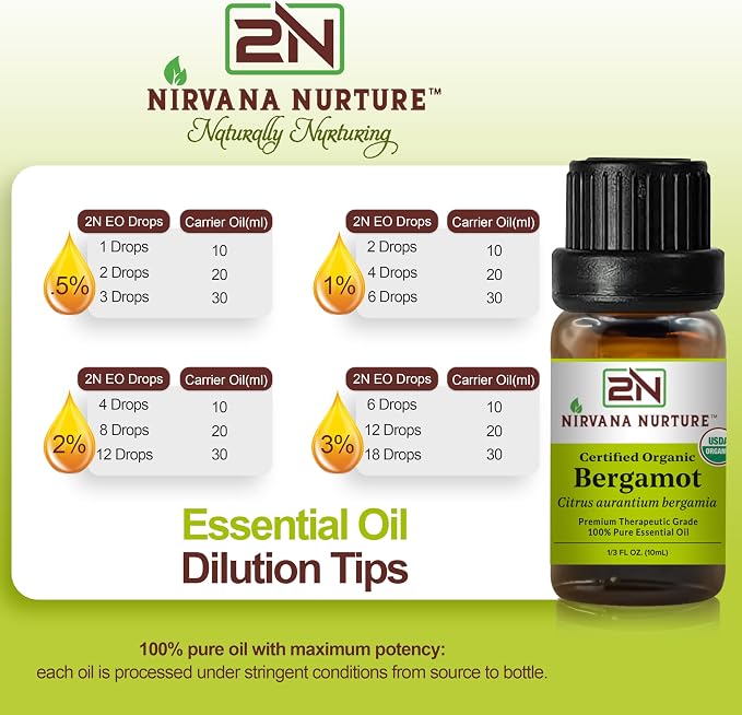 Bergamot Essential Oil, USDA Certified Organic, 100% Pure Undiluted, Aromatherapy Oil for Diffuser, Hair & Skin Care