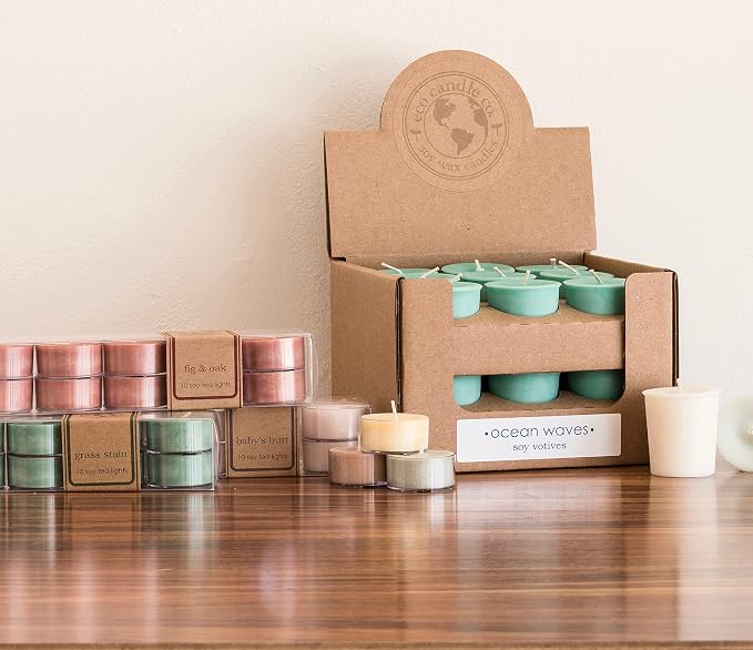Eco Candle Co. Tea Light Candles, Citrus Squeeze, 10-Pack - Scents of Orange, Tangerine, Grapefruit, Lemon, & Lime - Recyclable, 100% Soy Wax, No Lead, Hand Poured, Midwest Soybeans, .6 oz. Each