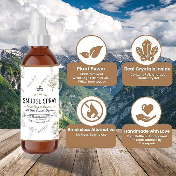 SOUL STICKS White Sage & Cinnamon Smudge Spray – 3.5oz Smokeless Energy Mist with Quartz Crystals – Non-Toxic Cleansing Spray for Aura, Home, Car, Meditation, Yoga, Stress Relief & Protection