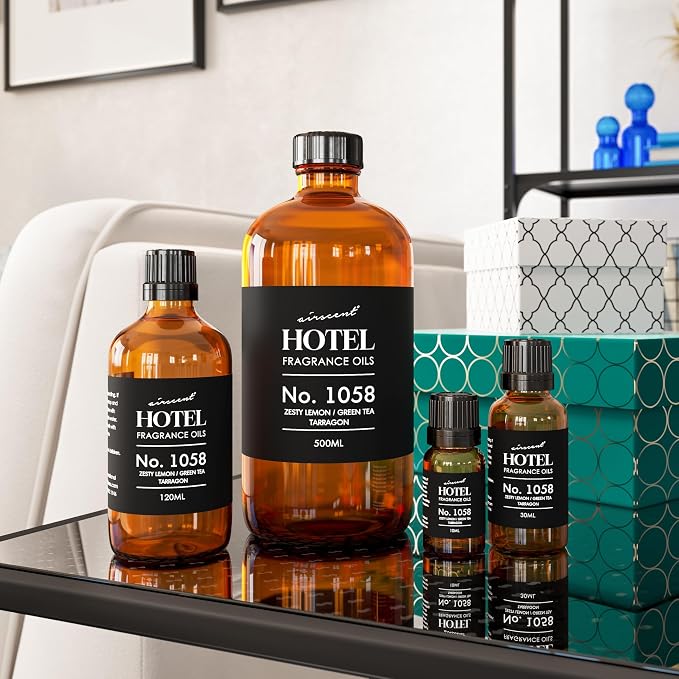 AirScent Hotel Diffuser Oil No. 1058 - Shiso Tea Inspired - Lemon Green Tea Tarragon - Fragrance Oil for Ultrasonic and Waterless Diffusers and Crafting - 10 mL, 0.34 fl oz Glass Bottle