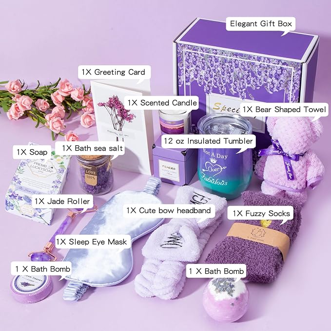 Mothers Day Gifts for Mom Birthday Gifts for Women Gift Basket for Her Women Purple Lavender Relaxing Gift Set Self Care Package Unique Female Gift Ideas for Mother Female Friendship