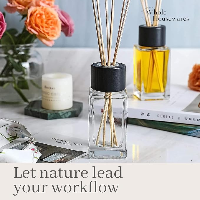 WHOLE HOUSEWARES Natural Diffuser Reeds Bottles Sticks | Clear Glass Home Décor for Kitchen and Living Room | Black Wood Caps | Décorative Fragrance Set with Long Lasting Aroma - Set of 4