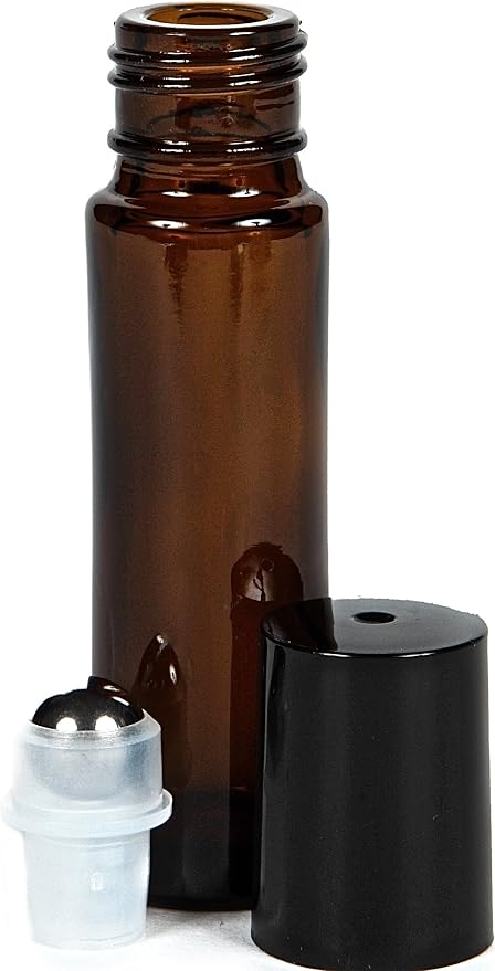 Vivaplex Amber 10ml Glass Bottles with Stainless Steel Roller Balls - 24 pk | 3 Droppers Included
