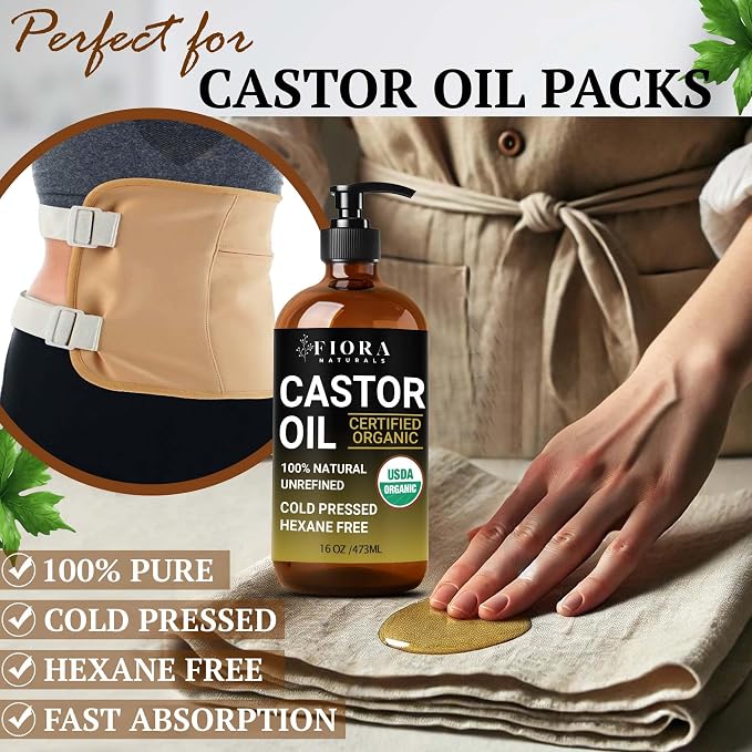Fiora Naturals Organic Castor Oil in Glass Bottle – 16 Oz Cold Pressed & Hexane-Free – USDA Certified – Skin Moisturizer, Hair Growth Oil For Lashes, Brows, Skin & Scalp – with Pump