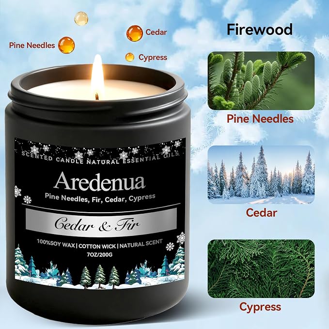 Cedar & Fir Candle – Winter Candles | Holiday Scented Candles, 7oz Jar Soy Candle for Home Scented - 50H Burn - Evergreen Forest & Fresh Pine Scent, Candles Gifts for Women & Men