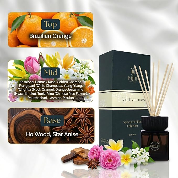 Vi-Chian-mas IMJITT Reed Diffuser - Secrets of Siam Collection, Premium Home Fragrance Diffuser with Authentic Thai Botanicals, Brazilian Orange, Sweet Jasmine & Star Anise Scent for Decor