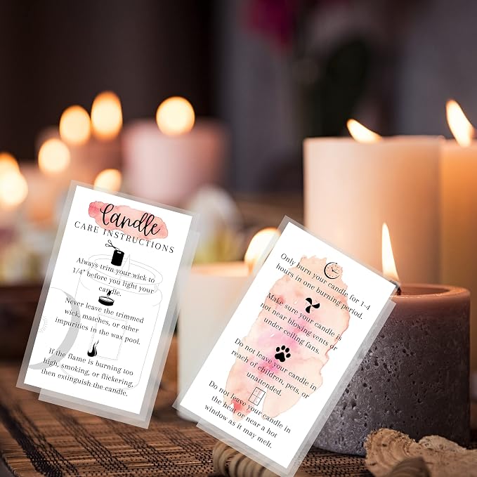 Handmade Candle Care Instruction Card | 50 Pack | for Handmade Candle Makers Soy Bees Wax Coconut Essential Oils | White and Watercolor Card