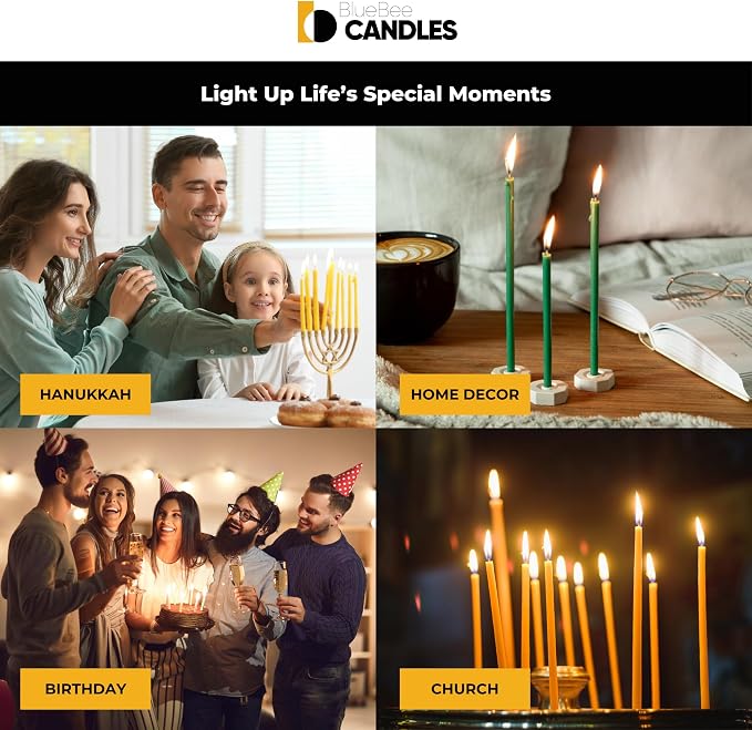 BlueBee Pure Beeswax Candles Bulk for Home - 40pcs Tall Thin Taper Candles + 2 Holders, Honey Scent, Smokeless, Long-Burn, All Natural for Church Prayer, Hanukkah, Birthday Cake, Christmas Advent