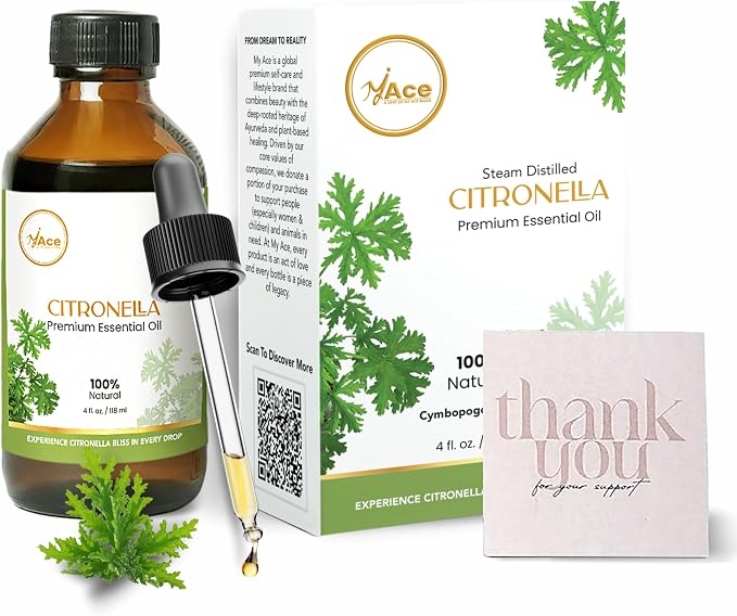 My ACE Citronella Essential Oil 4 Fl Oz - Pure & Natural - Premium Grade for Aromatherapy, Diffuser, Skin, Hair, Massage, Candle & Soap Making, Home - Glass Bottle with Dropper - Long Lasting Scent