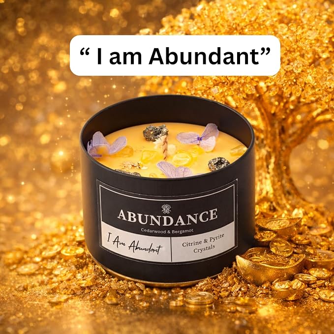 Abundance Crystal Candle – Citrine & Pyrite Crystals for Wealth & Success. Infused Cedarwood & Bergamot Scented Manifestation Candle with Gold Leaf & Hydrangea. Spiritual Gifts for Women
