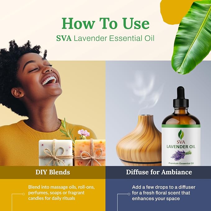 SVA Lavender Essential Oil 4 Fl Oz – for Diffuser, Skin & Hair Care – Ideal for Massage & DIY Blends – with Dropper