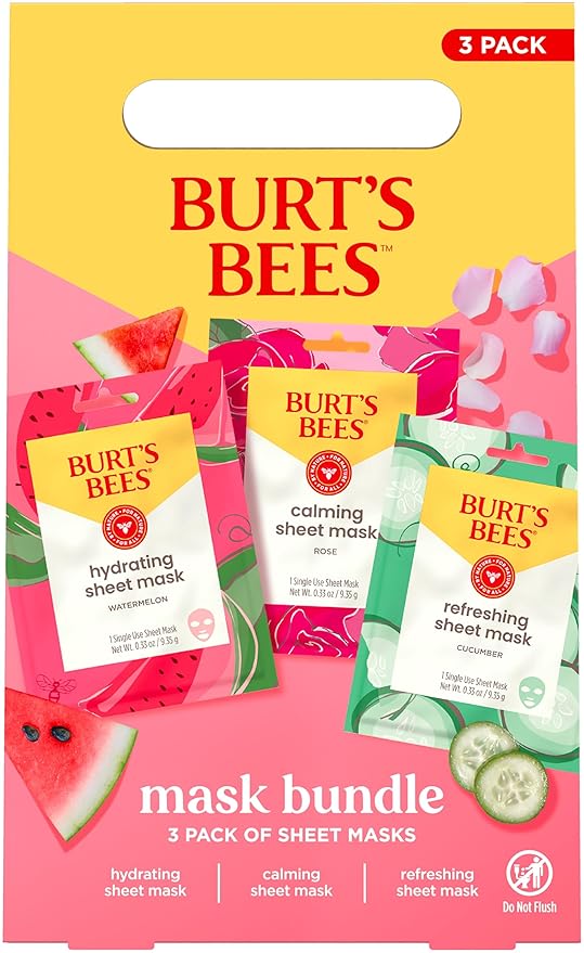 Burt's Bees Mothers Day Gifts, Face Mask Bundle Set, Hydrating Watermelon, Calming Rose, & Refreshing Cucumber, Face Sheet Masks for Single Use Skin Care, 99% Natural Origin, 3 Count, 0.33oz Each