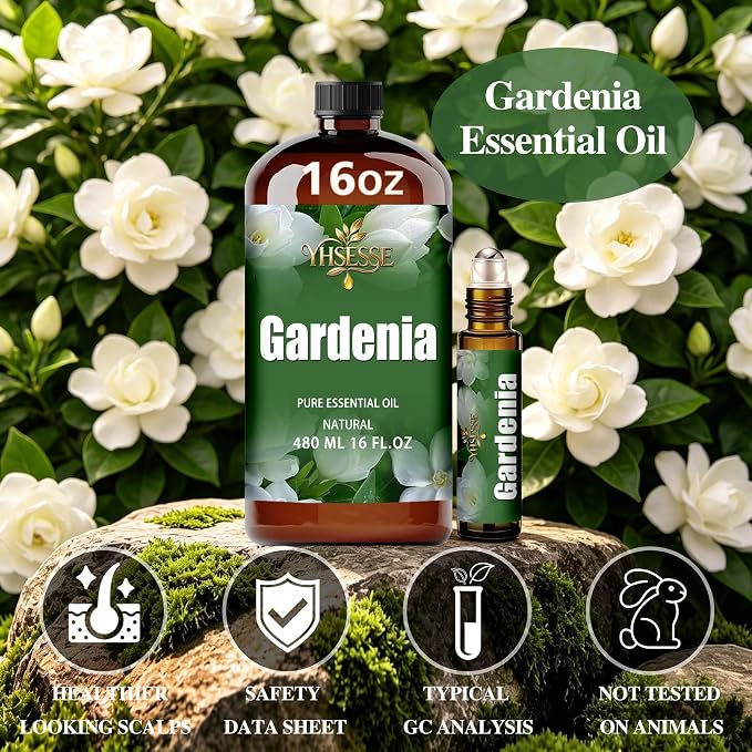 Gardenia Essential Oil, Gardenia Oil 16 Fl Oz 480ml for Diffuser Yoga Soap & Candle Making – with 0.33 Oz Roller Ball & Funnel YHSESSE Essential Oils