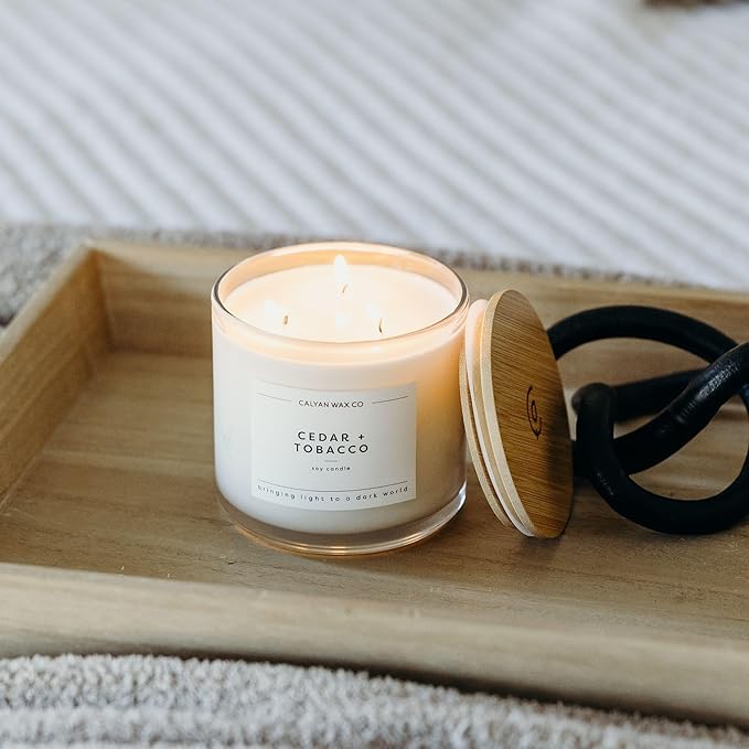 Calyan Wax Co. Cedar & Tobacco 3 Wick Scented Candle - 43 Hour Burn - Luxury 3 Wick Soy Candles - Clean Soy Wax Candles - Long Lasting Large Glass Jar Candle for Home - 14.9oz