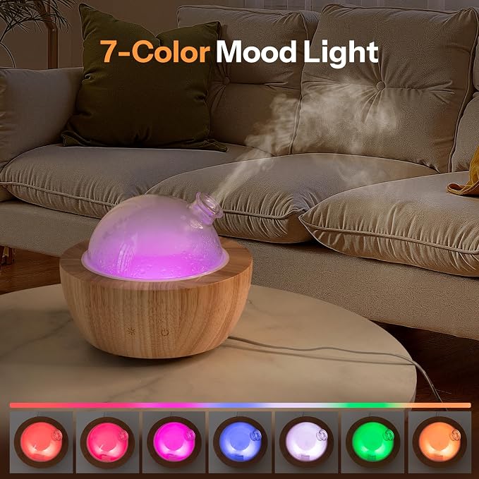 280ml Glass Essential Oil Diffuser with Natural Wood Base, The 2025 Upgrade Aromatherapy Diffusers for Home, Cool Mist Air Aroma Diffuse Humidifier with 7 Color Lights for Office, Bedroom