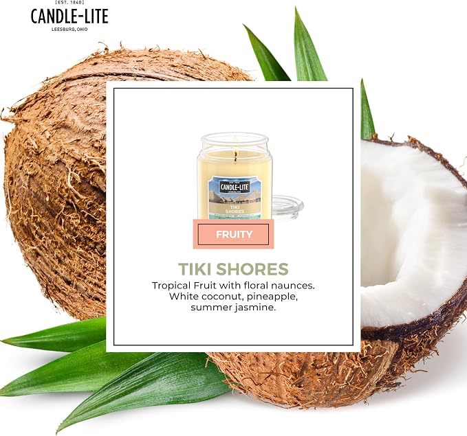 Candle-lite Scented Candles, Tiki Shores, 18 oz Jar, Proudly Poured in The USA, Aromatherapy Candle, Single-Wick with 110 Hours of Burn Time, Perfect for Creating a Refreshing Ambiance