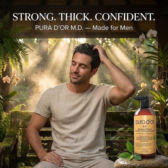 PURA D'OR MD Anti-Hair Thinning Maximum Defense Shampoo - 0.5% Coal Tar, Biotin, Proprietary Herbal Blend For Dry & Itchy Scalp, No Sulfates - For Men & Women, Strong Coal Tar Scent 16 Oz