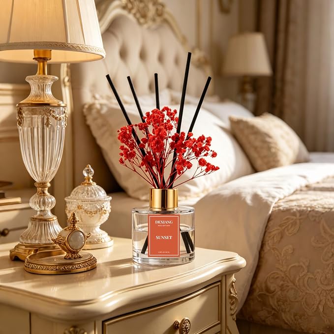 Reed Diffuser Set - 3.38 fl oz Sunset Premium Scented Oil with Preserved Baby's Breath & Cotton 6 Sticks | Long-Lasting Aromatherapy for Home, Bedroom, Bathroom, Office Home Decor