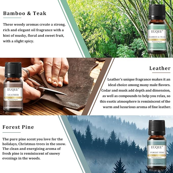 EUQEE Fragrance Oils Gift Set Premium Woody Scented Oil - Forest Pine, Warm Rustic Woods, Bamboo & Teak, Cedarwood, Leather, Sweet Tobacc(Honeyed Haze), for Diffuser, Soap Making, Candle - 6x10ml