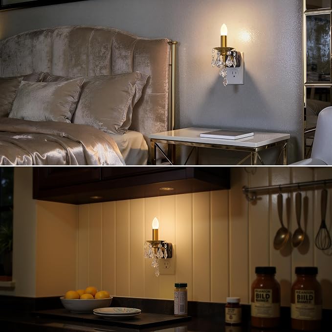 Chandelier Night Lights Plug into Wall, LED Warm Night Light with Dusk to Dawn Sensor, 0-100LM Dimmable, Decorative Gold Candle-Style Nightlight for Bedroom, Bathroom, Hallway, Stairway, 2 Pack