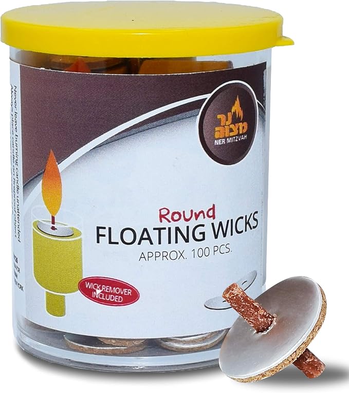Ner Mitzvah Round Floating Wicks, Cotton Wicks and Cork Disc Holders for Oil Cups, Bonus Wick Removal Tweezers - 100 Count (Approx)