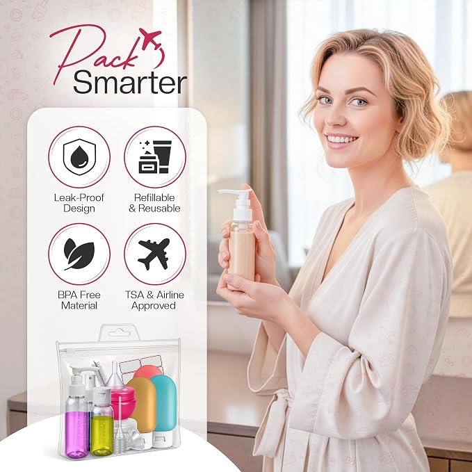 16 Pack Travel Bottles - Travel Essentials for Toiletries - TSA Approved Size - Empty Plastic Bottles with Sticker Sheet, Funnels, Spray Bottle & Carry Bag - For Shampoo, Lotion, Oil & Sanitizer