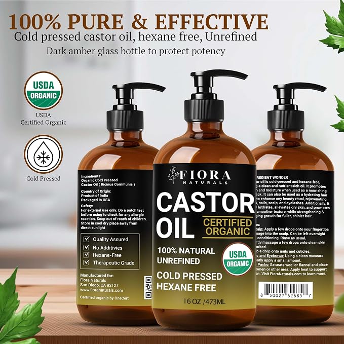 Fiora Naturals Organic Castor Oil in Glass Bottle – 16 Oz Cold Pressed & Hexane-Free – USDA Certified – Skin Moisturizer, Hair Growth Oil For Lashes, Brows, Skin & Scalp – with Pump