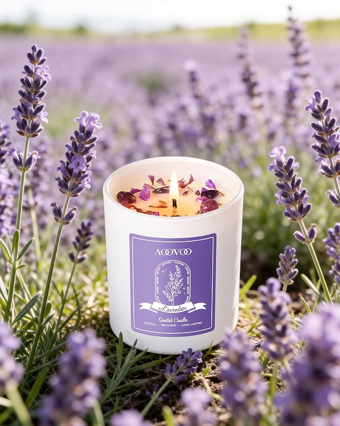 AOOVOO Lavender Scented Candle Set 2 Pack - Aromatherapy Candle with Crystals Inside, 20oz Soy Candles for Home Scented, Birthday Gifts Mothers Day Candle for Women Mom