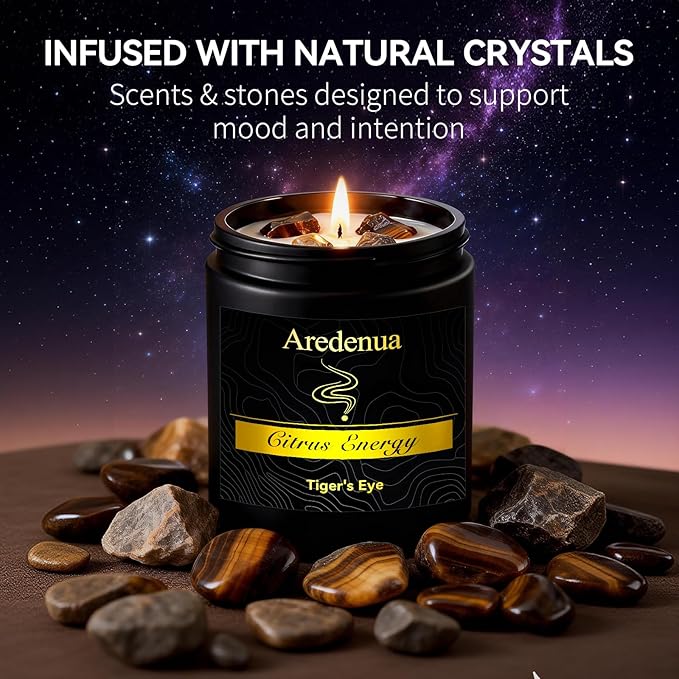 Crystal Candle with Tiger Eye Healing Crystals, Citrus Aromatherapy Candle for Confidence, Natural Soy Wax Scented Candle with Real Gemstone, 7oz Long Burning, Motivational Chakra Gift