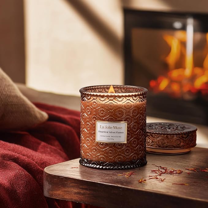 LA JOLIE MUSE Hearth & Velvet Flames Candle – Saffron, Clove & Vanilla | 19 oz Large Wooden Wick Soy Candle | 90 Hours Clean Burn | Gift-Ready for Any Occasion | Elegant Home Décor