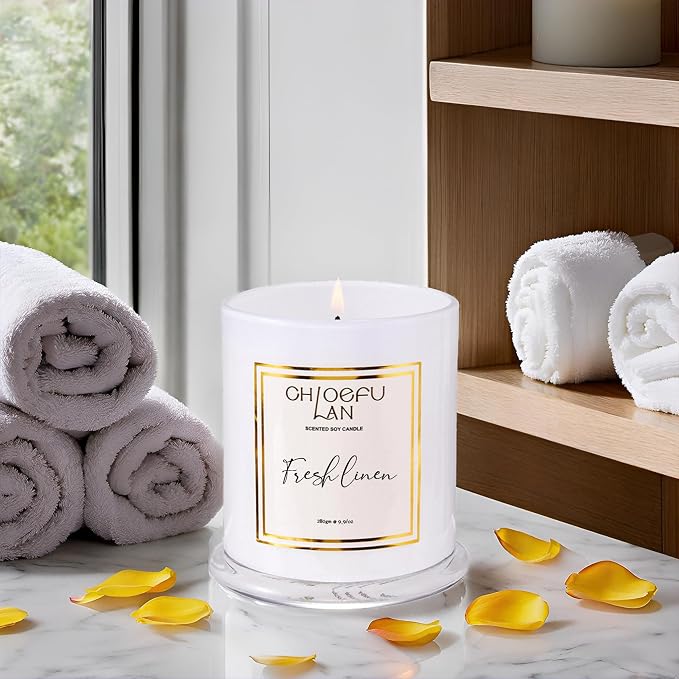 White Linen Candles, Luxury Scented Soy Jar Bathroom Candle, Highly Fragranced, Odor Eliminating Candles for Home, Air Freshing Soy Candle, White Glass Jar, Essential Oils, 75 Hours 10 oz