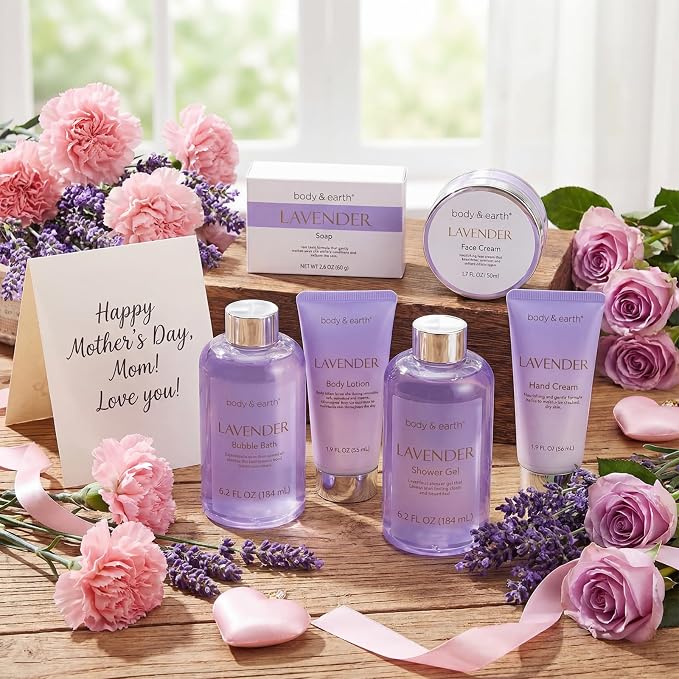 Spa Gifts for Women, Lavender Gift Set, Body & Earth 6 Pcs Bath Gift Sets, Self Care Kit, Birthday Relaxing Spa Set for Her Mothers Day Gifts for Mom