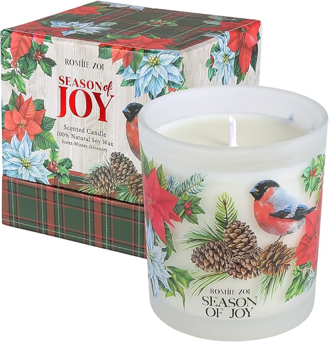 ROMIIE ZOI Christmas Scented Jar Candle - 6oz Soy Wax Candle - Season of Joy Infused with Winter Greenery Aroma - with Beautiful Keepsake Box Special for Christmas/Holiday Gifts