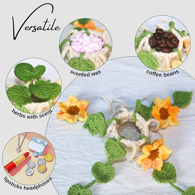 ROFIGL Handmade Crochet Hanging Car Air Freshener - Sunny Sunflower Design, 12ml Refillable Thick Glass Bottle, Car Diffuser for Rearview Mirror, Home & Office Cheerful Decor