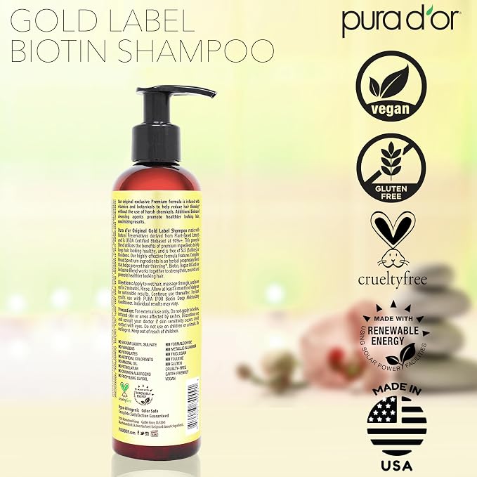 PURA D'OR Original Gold Label Anti-Thinning Biotin Shampoo Natural Earthy Scent, CLINICALLY TESTED Effective Results, Thickening Products, Women & Men, Color Treated Hair, Natural Earthy Scent 8 Fl Oz