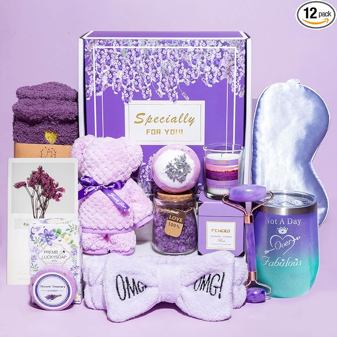 Mothers Day Gifts for Mom Birthday Gifts for Women Gift Basket for Her Women Purple Lavender Relaxing Gift Set Self Care Package Unique Female Gift Ideas for Mother Female Friendship