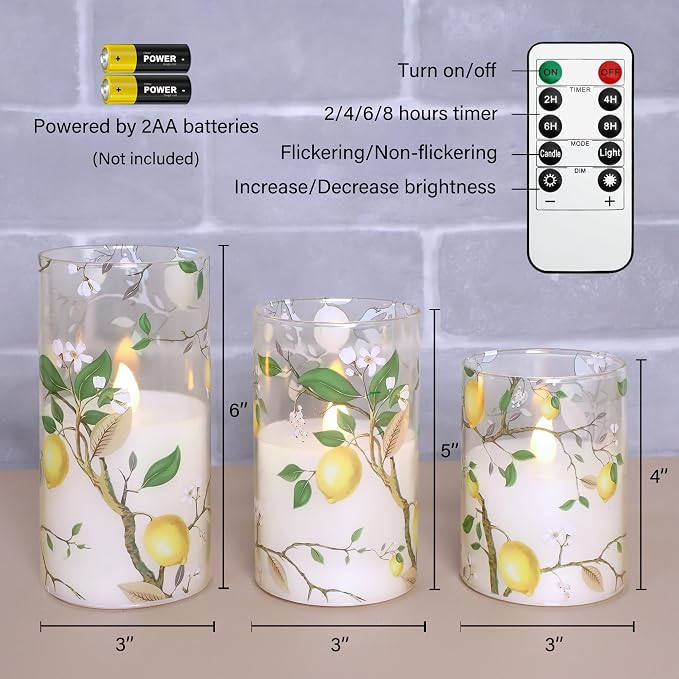 Flameless LED Candles with Remote Lemon Decal Glass Flickering Battery Operated Candles for Home Room Party Wedding Holiday Christmas Valentine's Day Decor - Set of 3